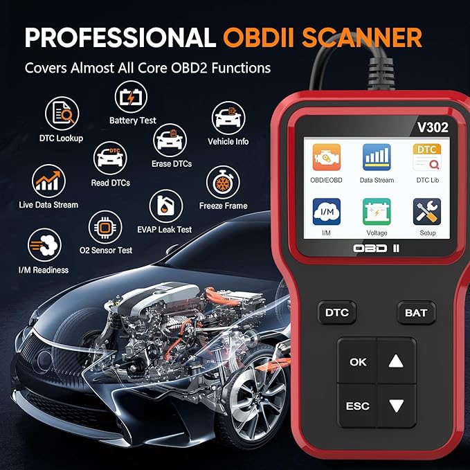 OBD2 Scanner with Battery Tester - Vehicle Code Reader for Check Engine Light, Plug and Play, Car Scanner Diagnostic Tool for