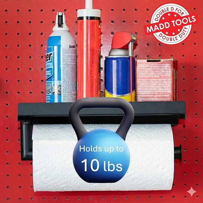 Pegboard Paper Towel Holder and Shelf, Peg Board Accessory Kit with Heavy Duty Pegboard Hooks for Garage Workshop Craft Room,