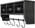 BizChair Wall Mounted Storage Rack - Blackwashed Solid Pine Wood - 24 Inch - Upper Shelf - 5 Hooks - Wire Baskets - For Entry