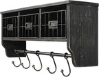 BizChair Wall Mounted Storage Rack - Blackwashed Solid Pine Wood - 24 Inch - Upper Shelf - 5 Hooks - Wire Baskets - For Entry