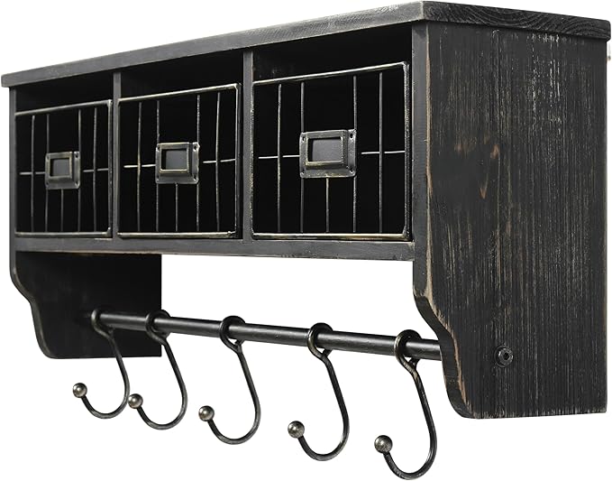 BizChair Wall Mounted Storage Rack - Blackwashed Solid Pine Wood - 24 Inch - Upper Shelf - 5 Hooks - Wire Baskets - For Entry