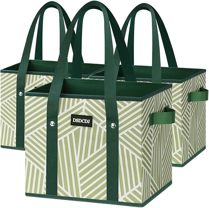 Reusable Grocery Bags 3 Pack - Heavy Duty Reusable Shopping Bags with Hard Bottom & Long Handles, Foldable Utility Tote Bag with Box Shape to Stand Up, 13x10.23x11in, Twill Green