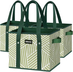 Reusable Grocery Bags 3 Pack - Heavy Duty Reusable Shopping Bags with Hard Bottom & Long Handles, Foldable Utility Tote Bag with Box Shape to Stand Up, 13x10.23x11in, Twill Green