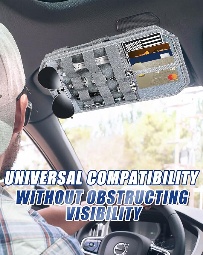 Heavy Duty Molle Car Sun Visor Organizer Tactical Pounch with Flag and Glasses Clip Store Your Daily Items for Most Cars, Trucks, SUVs, Compacts, 12.8"x6.9"x1.2" (Gray)