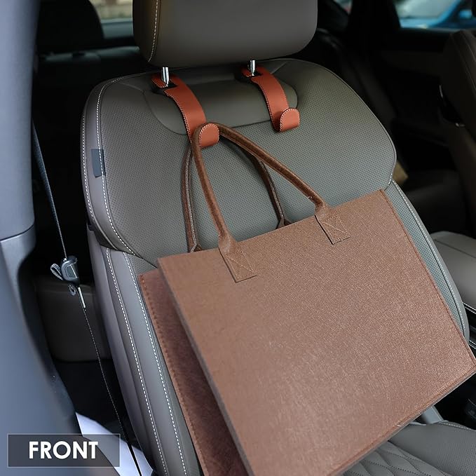 Leather Hooks for Headrest - Fully Leather-Wrapped U-Shaped Purse Holder for Car, Flexible Seat Back Organizer & Durable Car Accessories for Purses, Bags, Coats & More (Brown, 2 Pack)