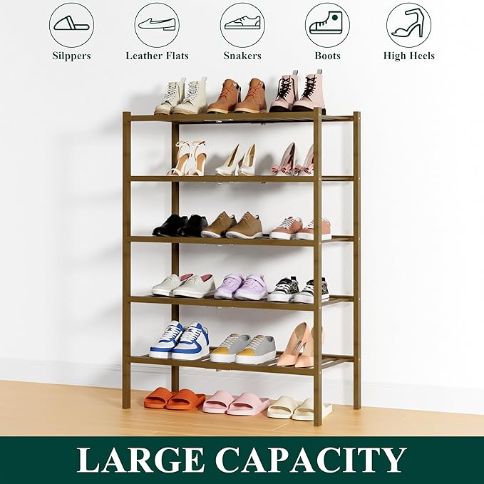 Smiry Shoe Rack, 5 Tier Thick Bamboo Shoe Organizer, Stackable Free Standing Wooden Shoe Storage Shelf for Closet, Entryway, 