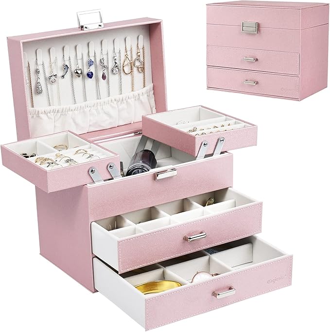 Dajasan Jewelry Boxes for Women Girls, Jewelry Storage Organizer, 4 Layers Large Jewelry Organizer Box with 2 Drawers for Fri