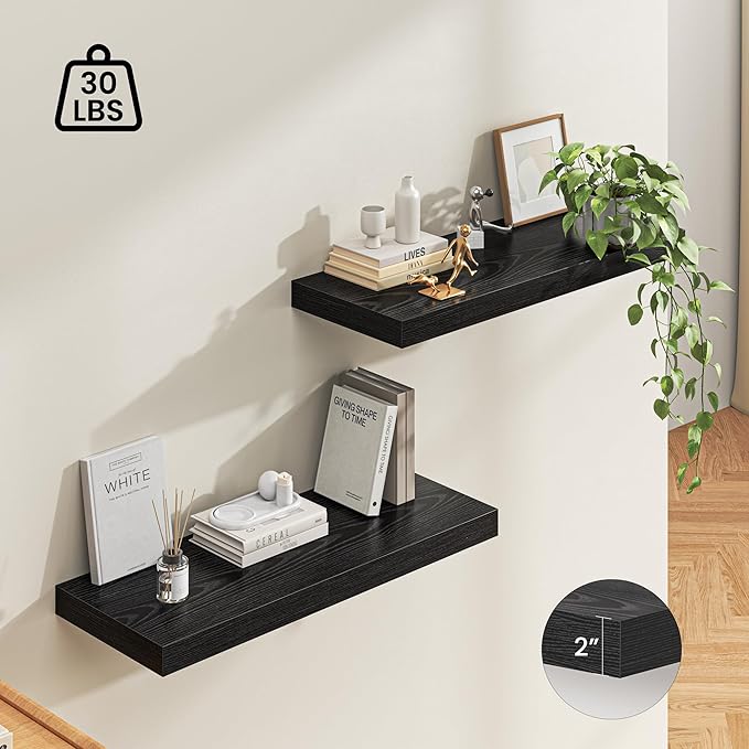 Dreamland 36" Floating Shelves for Wall, 12" Deep Thicker Black Floating Shelves, Wall-Mounted Shelves for Bedroom, Living Ro