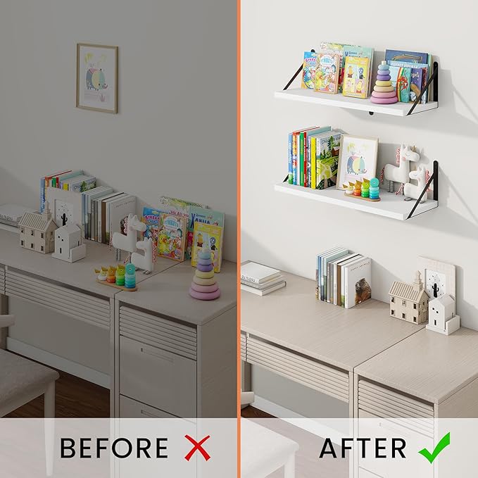 Wall Shelf, Floating Book Shelves with Brackets, 24 inch White Shelves Set of 3, Particle Board Wooden Shelf for Kitchen, Bat
