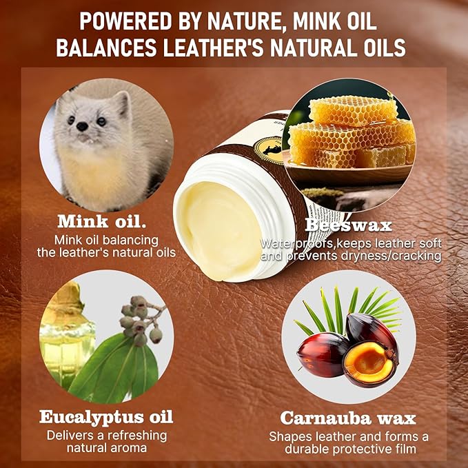 4-in-1 Natural Mink Oil Leather Cleaner and Conditioner 8.2oz, Premium Waterproof Soften Restore Formula – Leather Cleaner & 