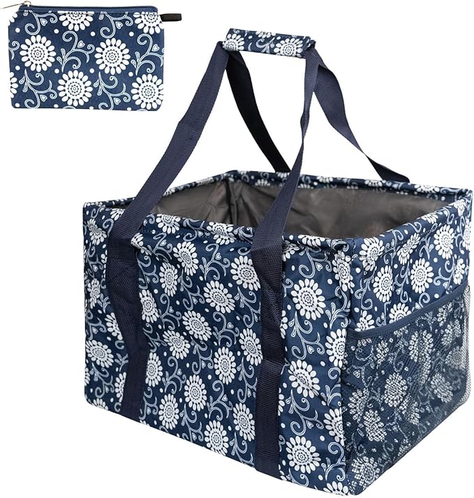 Extra Large Utility Tote Bag - Oversized Collapsible Tote with Wire Frame, Durable Reusable for Beach, Groceries, Laundry, Car Trunk, Storage and Travel - includes 5x7 Bag with Hook - Navy Floral