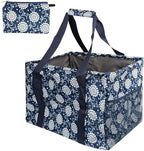 Extra Large Utility Tote Bag - Oversized Collapsible Tote with Wire Frame, Durable Reusable for Beach, Groceries, Laundry, Car Trunk, Storage and Travel - includes 5x7 Bag with Hook - Navy Floral