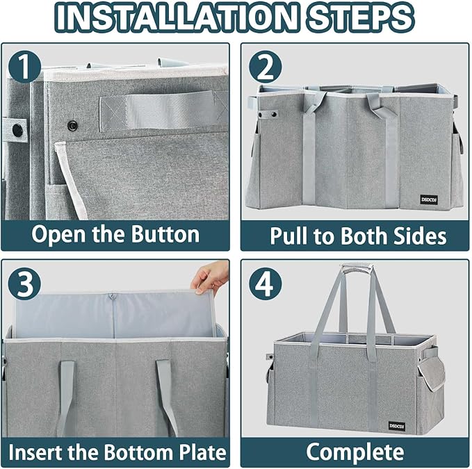 Standing Extra Large Utility Tote Bag with Hard Bottom & Hard Sides, Heavy Duty Reusable Grocery Bags with Handles & 3 Pockets for Shopping, Beach, Picnics, Car (22.5"x11"x12", Grey)