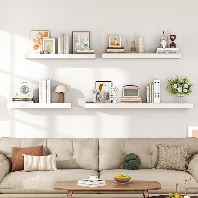 Dreamland 24" Floating Shelves for Wall, 12" Deep Thicker White Floating Shelves, Wall-Mounted Shelves for Bedroom, Living Ro