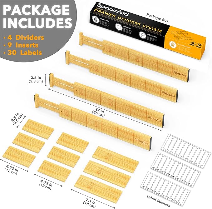 SpaceAid Bamboo Drawer Organizers with Labels, 4 Dividers with 9 Inserts (17-22 in), 6 Dividers with 12 Inserts (17-22 in)