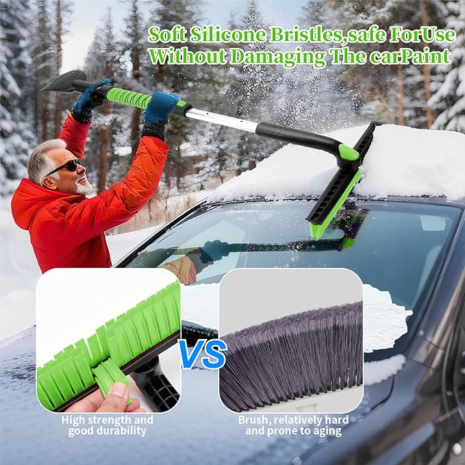 45.6" Ice Scraper and Snow Brush for Car Windshield [Silicone Bristles] ,3-in-1 Extendable Emergency Snow Shovel with Ergonomic Foam Grip and 360° Pivoting Brush Head for Christmas, Car Auto Truck SUV