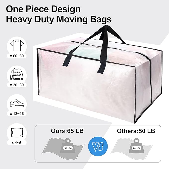 VELVETSURE 12 Pack Heavy Duty Large Moving Bags W/Backpack Straps - Strong Handles & Zippers, Storage Totes For Space Saving,