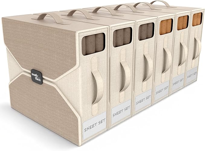 6 Pack Bed Sheet Organizer - Foldable Bedsheet Organizers and Storage, Sturdy Sheet Holder with Window, Labels & Handles for 