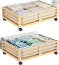 Wisuce Bamboo Under Bed Storage Containers- Underbed Organizer with Wheels with Large Dust Bag,Sturdy Wood Rolling Under the 