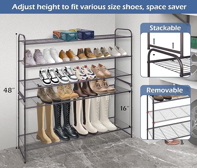 KEETDY Long 3 Tier Shoe Rack for Closet Wide Shoe Storage Organizer Stackable Metal Shoe Shelf for 24 Pairs Men Sneakers with