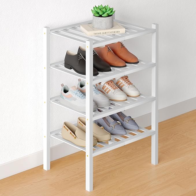 Smiry Bamboo Shoe Rack for Closet, 4 Tier Small Wooden Stackable Shoe Organizer, Free Standing Shoes Storage Shelf for Entryw