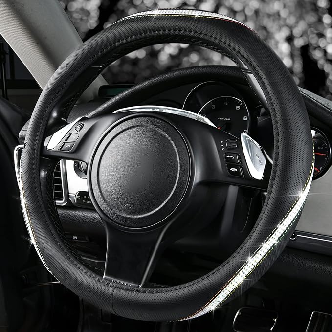 CAR PASS Bling Diamond Black Leather Steering Wheel Cover, Studded Crystal Rhinestones Universal Fit 14" 1/2-15" Glitter for Women Sparkle Girl Fit Suvs,Vans,Sedans,Car,Trucks, Multicolor Diamond