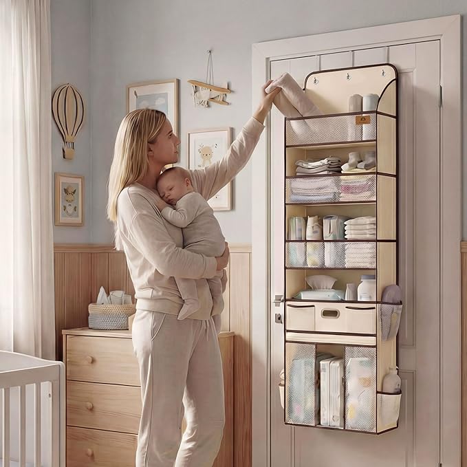 Baby Nursery Over The Door Organizer – 5-Tier 10 Pocket Hanging Storage with Removable Diaper Caddy & 3 Sturdy Hooks, 55LBS C