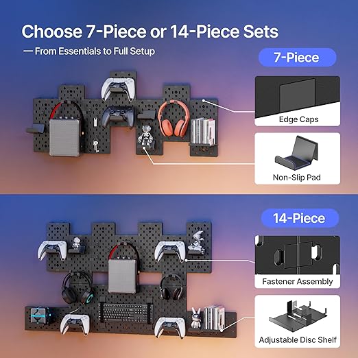 PEGZONE Controller and Headphone Holder Wall Mount, Modular Gaming Pegboard with Accessories, Controller Stand for Xbox PS5 P