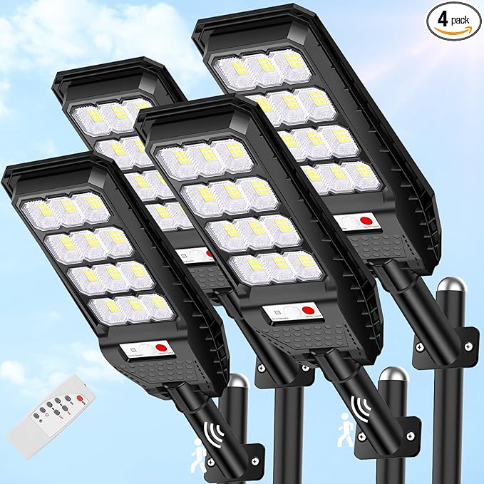 VUAA 4 Pack Solar Street Lights Outdoor Waterproof, 6500K 6000LM LED Street Light Dusk to Dawn,Solar Motion Sensor Lights Out