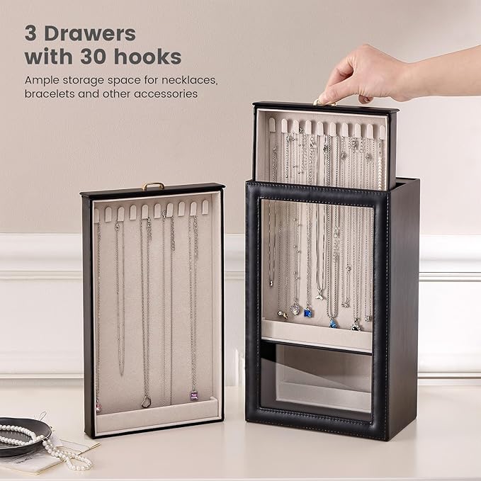 Lolalet Necklace Organizer Box, Jewelry Storage Box with Clear Window for Necklaces Bracelets, Tangle-Free Necklace Display C