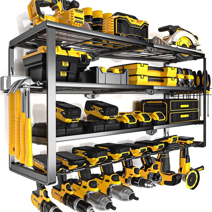 YYR 4 Layer Power Tool Organizer Wall Mount, Cordless Drill Hanger Storage Rack, Battery Tools Holder with Charging Station S