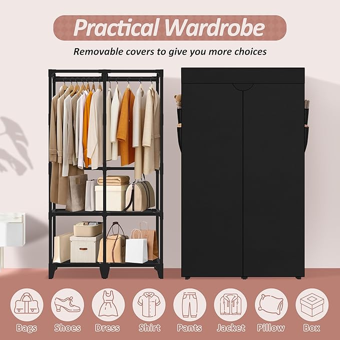 Wardrobe Closet, Quick and Easy Assembly, Black Portable Closet with 2 Hanging Rods 4 Storage Shelves and 8 Side Pockets, Stu