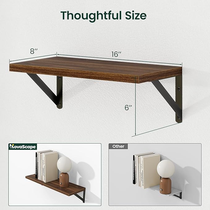 Floating Shelves, 8 Inch Deep Rustic Wood Wall Storage, 16W x 8D Wall Shelves Set of 2, Heavy Duty Metal Brackets, Industrial