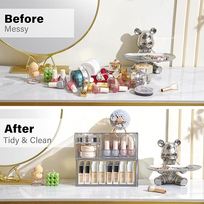 Prsildan Acrylic Drawer Makeup Organizer with 4 Drawers, Set of 2 Office Desk Organizers Accessories, Clear Stackable Storage