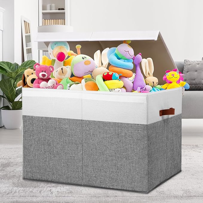 Gowee Large Toy Storage Box with Lid, Sturdy Toys Storage Chest Bin Organizer Basket with Dividers for Kids, Boys, Girls, Nur