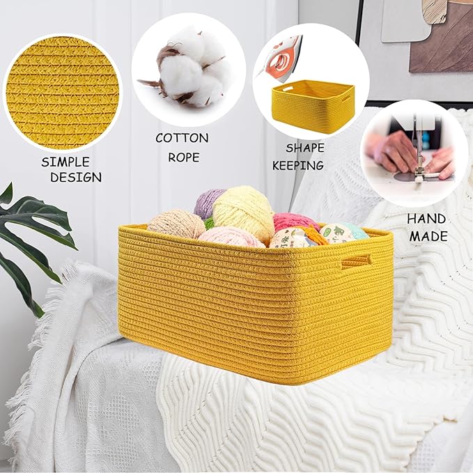 COMFY-HOMI 3 pcs Large Storage Baskets for Shelves, Laundry Basket, Woven Rope Basket, Closet Organizer Bins for Clothes Blan