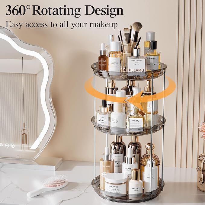 Delamu 3 Tier Rotating Makeup Organizer for Vanity, Skincare Organizer for Bathroom Counter, Spinning Perfume Organizer Cosme