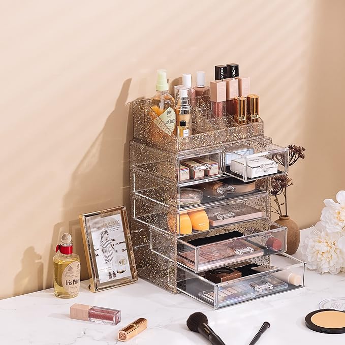 Sorbus Acrylic Makeup Organizer Set, 6-Drawer Vanity & Countertop Cosmetic Storage with Small & Wide Compartments, Glitter Ma