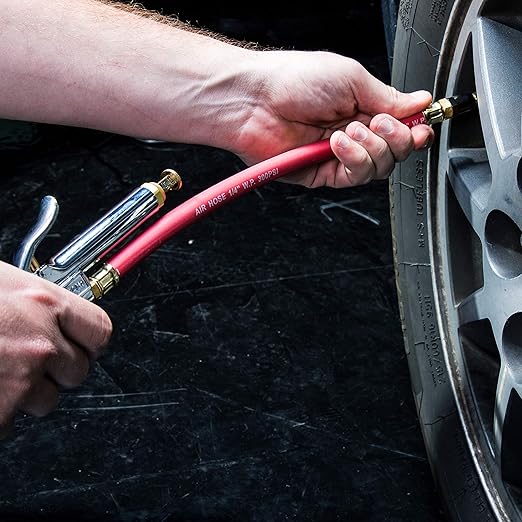 Steelman Straight Air Chuck Tire Inflator with Built-in Gauge and 12-inch Hose, Measures 10-90 PSI, Push-on Chuck, Steel Casing with Brass Fittings