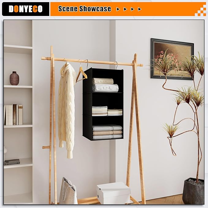 Hanging Closet Organizer - 3-Shelf, Easy Mount Foldable Wardrobe Storage Shelves for Clothes, Handbags, Shoes & Accessories -