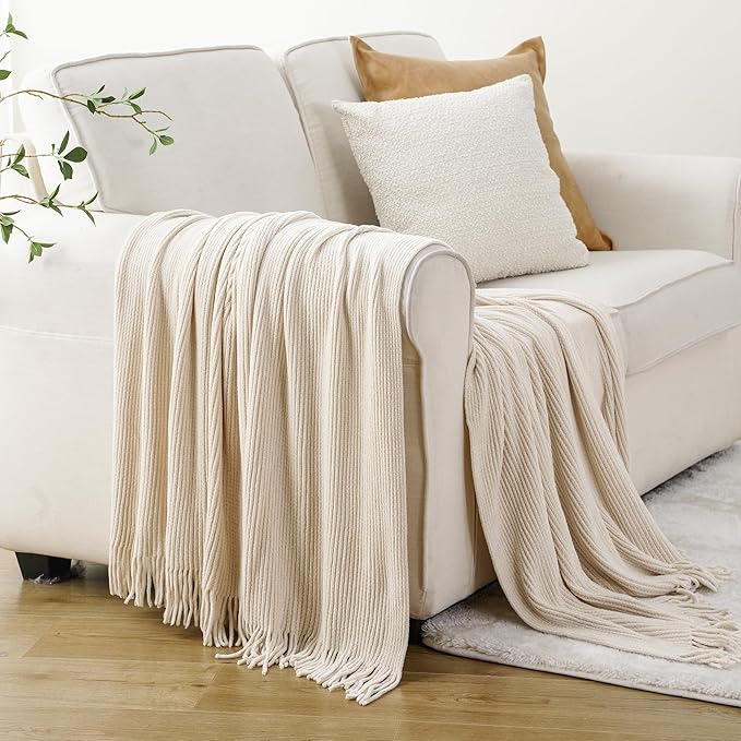 BATTILO HOME Beige Throw Blanket for Couch, Soft Chenille Knit Throws with Tassels for Home Decor, Spring Beige Throws for Co
