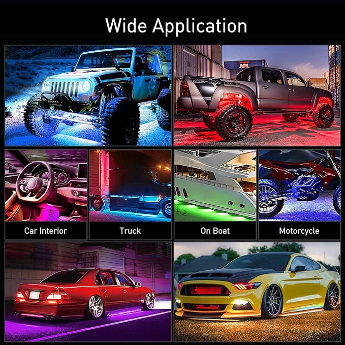 Nilight 4Pcs Car Underglow Neon Accent Strip Lights 256 LEDs RGB Multi Color DIY Sound Active Function Music Mode with APP Control and Remote Underbody Light Strips