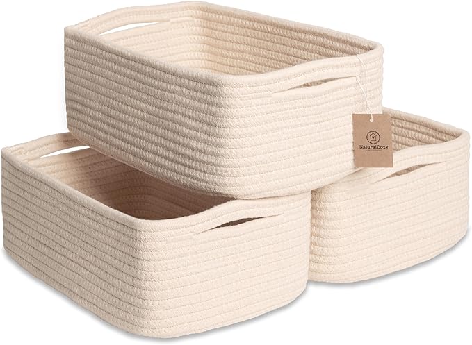 NaturalCozy 11.8"x8"x4.5” Storage Baskets for Shelves 3 Pack | Cotton Rope Woven Small Baskets for Organizing | Small Storage