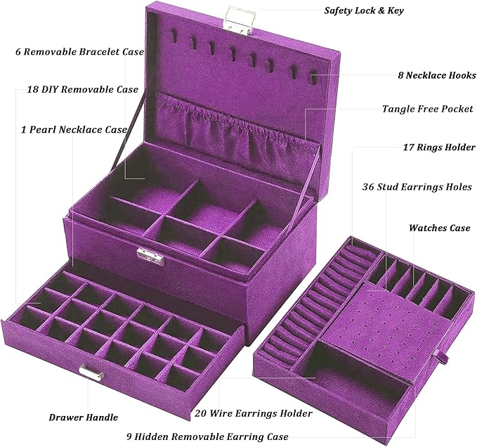 QBestry 3-Layer Jewelry Box for Women with Lock and Key & Drawer, Large Jewelry Organizer with 8 Necklace Hooks & 56 Earring 