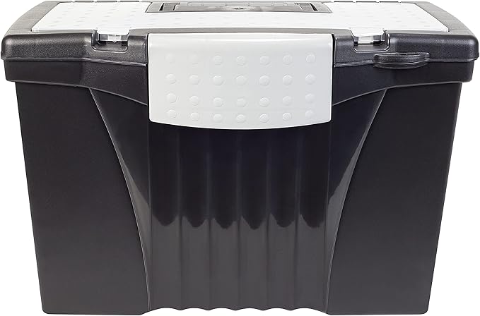 Storex Legal File Box with Organizer Lid – Plastic Office File Storage Box for Letter and Legal Hanging Folders, Obsidian, 1-