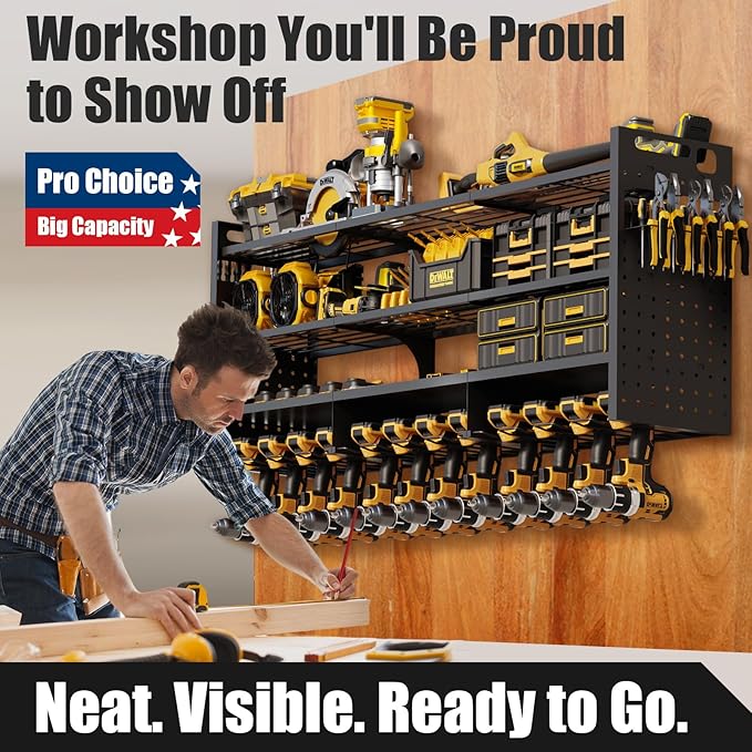 Large 49''W Power Tool Organizer Wall Mount | 620lbs Garage Storage Rack with 12 Cordless Drill Holder | 4-Tier Heavy Duty Ut