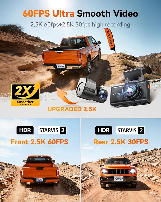 WOLFBOX X3 PRO Dash Cam Front and Rear, Dual STARVIS 2 IMX675, 1440P 60FPS+1440P ADAS Car Camera, EIS Image Stabilization wit