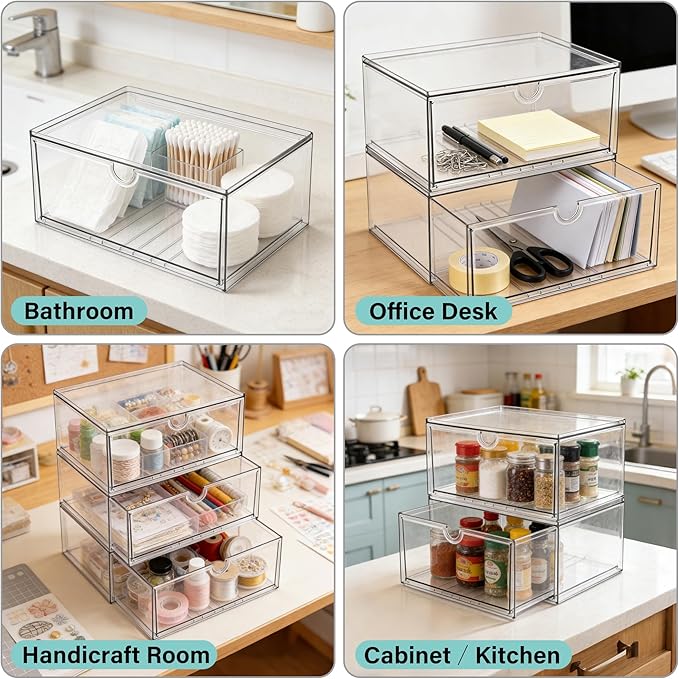 Prsildan Acrylic Makeup Organizer, 2 Pack Stackable Clear Storage Drawers for Baby Bottles Desk Organizers with 2 Drawers for