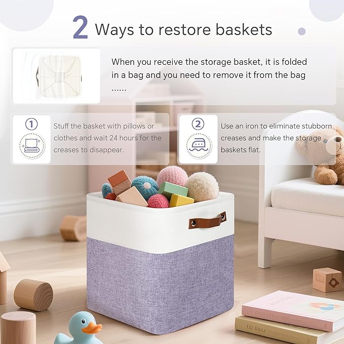 FinishingBo Cube Storage Baskets 6 Pack, 11x11 inch Cube Storage Bins with Leather Handles for Shelf Closet (White/ Purple)