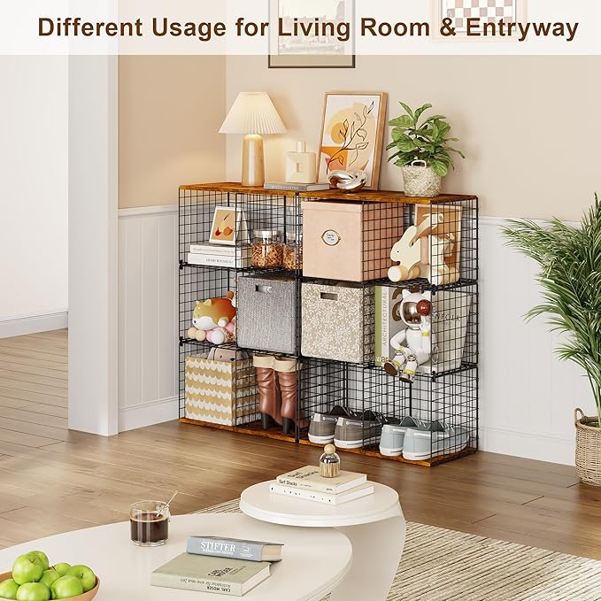 Wire Cube Closet Organizer and Storage Shelf with Extra Woodtop, 11.8“ Sturdy 6 Cube Storage Organizer Shelf, Modular Cubby S